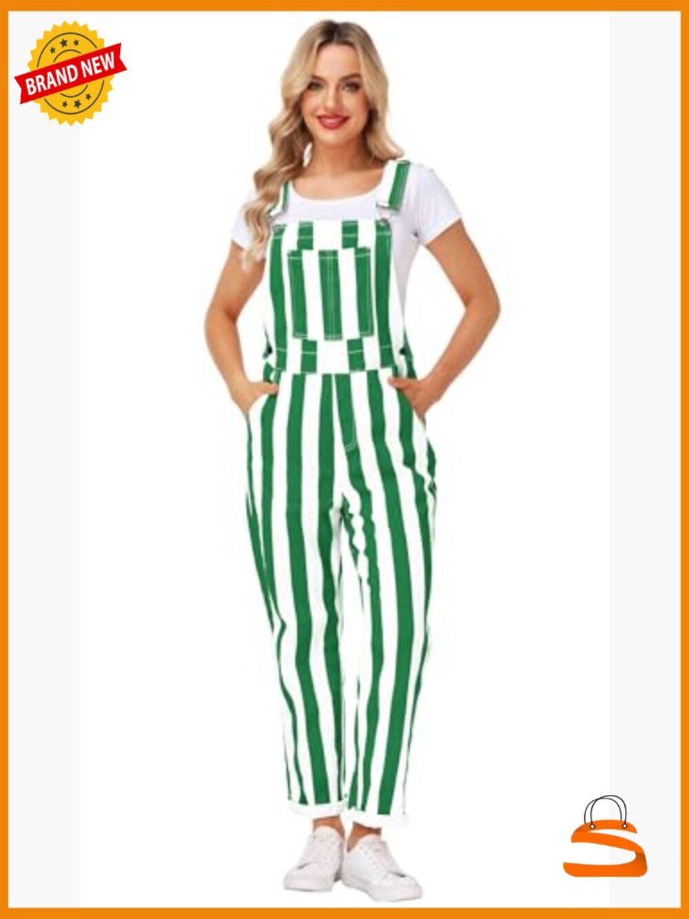 Striped Denim Overalls Stretch Cotton Jumpsuit Adjustable Straps - Picture 5 of 7